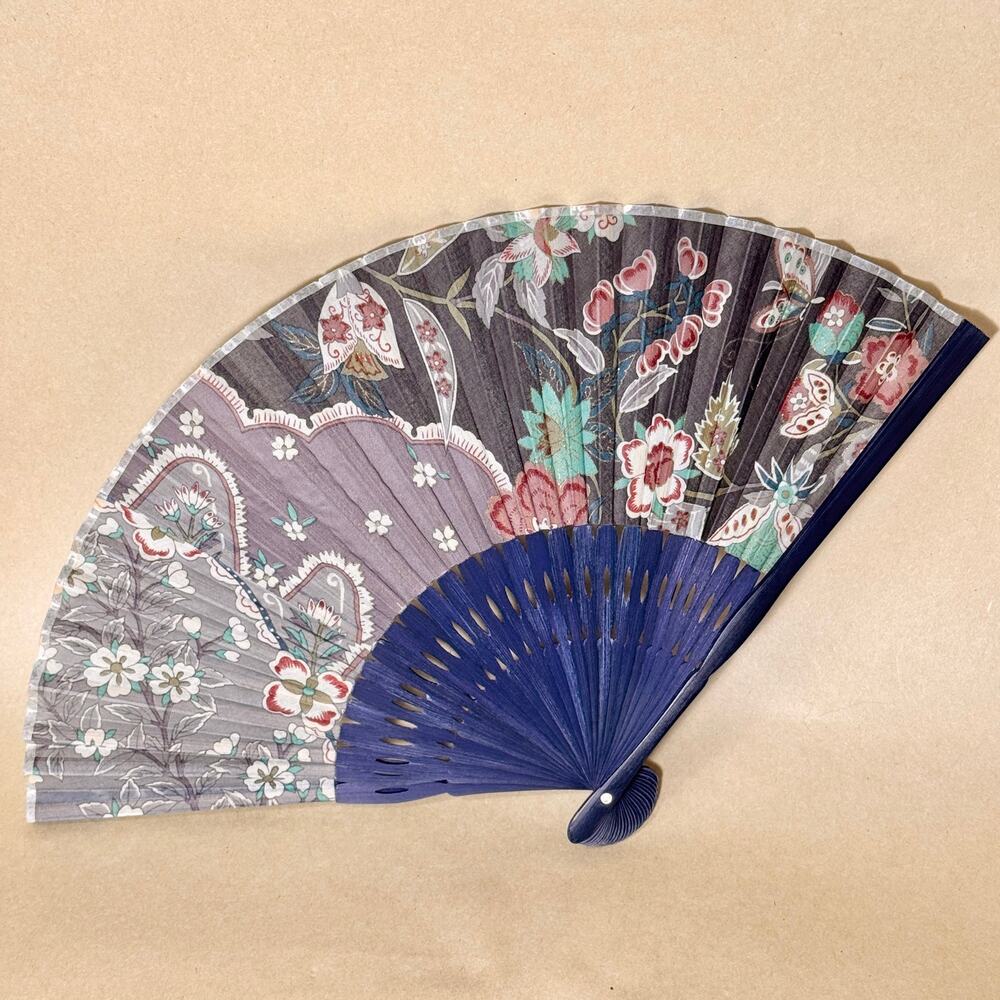 Vintage Japanese Fabric Folding Hand Fan Floral Pattern Navy Blue